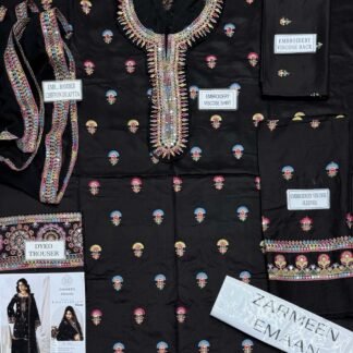 Zarmeen Emaan Artical-950 Fancy Embroidered Shirt Front Back Sleeves Laces Daman Patch Neckline With Premium Viscose Trouser And Pure Bamber Chiffon Dupatta