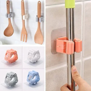 Pack of 3 Mop and Broom Self Adhesive Holder Wall Mount Magic Hanger Organizer Cleaning Tools (Random Color)