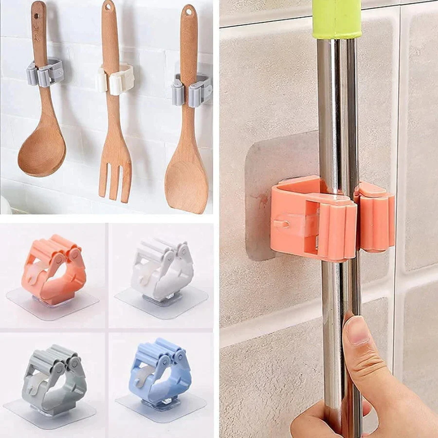 Pack of 3 Mop and Broom Self Adhesive Holder Wall Mount Magic Hanger Organizer Cleaning Tools (Random Color)
