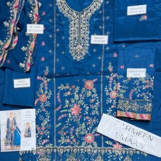 Zarmeen Emaan Fancy Embroidered Shirt Front Back Sleeves Laces Daman Patch Handmade Neckline With Lawn Trouser And Pure Bamber Chiffon Dupatta