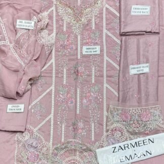 Zarmeen Emaan Article 1776 Luxury Embroidered Shirt Front Back Sleeves Neckline Daman Patch Premium Viscose Trouser Pure Bamber Chiffon Dupatta