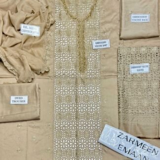 Zarmeen Emaan Article 934 Luxury Embroidered Shirt Front Back Sleeves Neckline Daman Patch Premium Viscose Trouser Pure Bamber Chiffon Dupatta