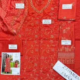 Zarmeen Emaan Fancy Embroidered Shirt Front Back Sleeves Daman Patch Neckline With Premium Viscose Trouser And Printed Embroidered Dupatta