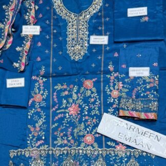 Zarmeen Emaan Fancy Embroidered Shirt Front Back Sleeves Laces Daman Patch Handmade Neckline With Lawn Trouser And Pure Bamber Chiffon Dupatta