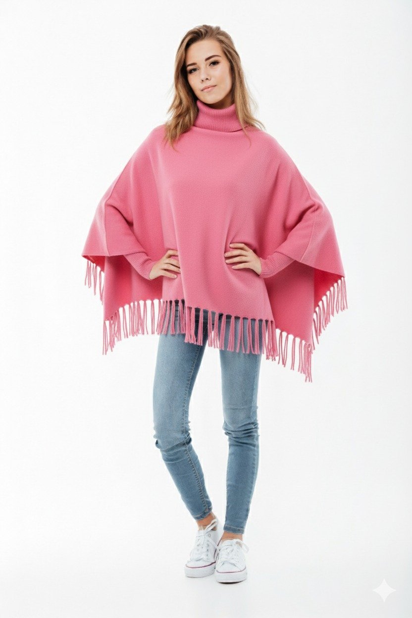 Winter Fleece Poncho with High Neck, Tassel Design & Adjustable Short Sleeves – For - Image 4