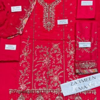 Zarmeen Emaan Luxury Embroidered Collection Shirt Front Back Sleeves Neckline Daman Patch Premium Viscose Trouser Pure Bamber Dupatta
