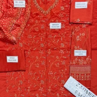 Zarmeen Emaan Fancy Embroidered Shirt Front Back Sleeves Daman Patch Neckline With Premium Viscose Trouser And Printed Embroidered Dupatta