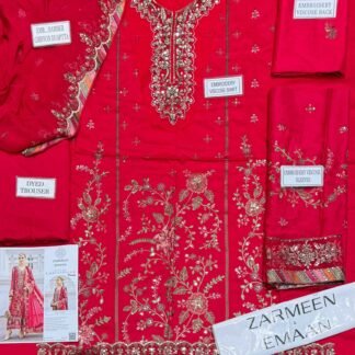 Zarmeen Emaan Luxury Embroidered Collection Shirt Front Back Sleeves Neckline Daman Patch Premium Viscose Trouser Pure Bamber Dupatta