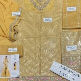 Zarmeen Emaan Artical-945 Fancy Embroidered Shirt Front Back Sleeves Neckline And Daman Patch With Viscose Trouser And Pure Bamber Dupatta