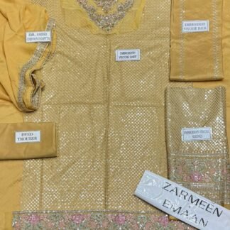 Zarmeen Emaan Artical-945 Fancy Embroidered Shirt Front Back Sleeves Neckline And Daman Patch With Viscose Trouser And Pure Bamber Dupatta