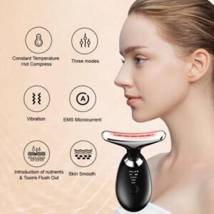 Rechargeable Neck & Face Massager with EMS Microcurrent – 3 Color Light Therapy, Hot Compress & Vibration Facial Skin Care Device (Type-C Charging)