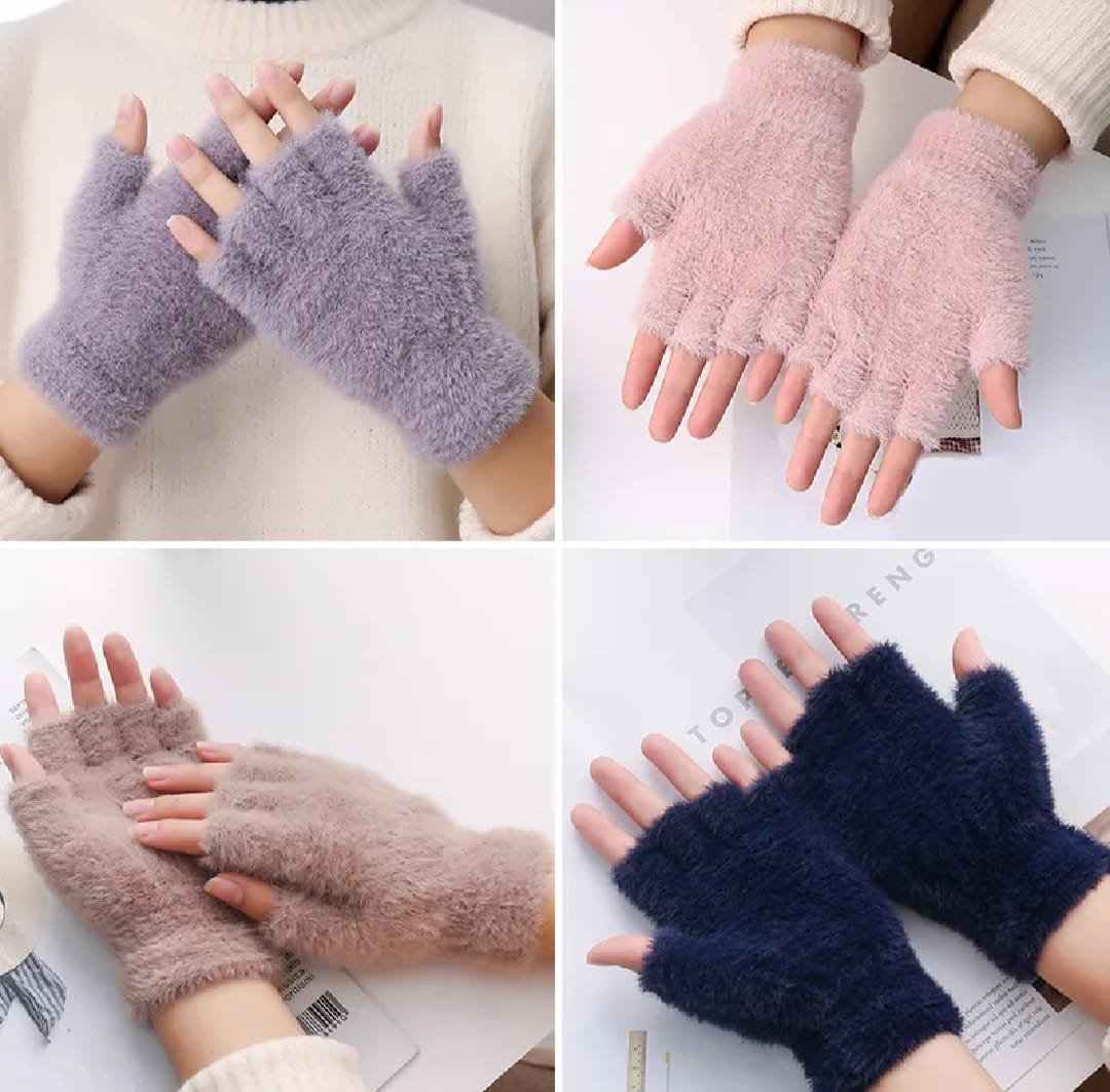 Women's Winter Plush Half-Finger Gloves – 1 Pair