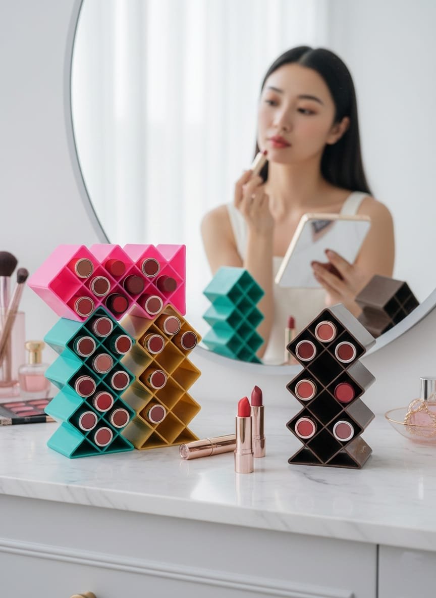 Plastic 10 Grid Lipstick Organizer with Storage Box – Makeup Holder for Lipsticks & Cosmetics (Random Color) - Image 3