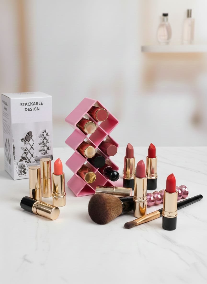 Plastic 10 Grid Lipstick Organizer with Storage Box – Makeup Holder for Lipsticks & Cosmetics (Random Color) - Image 4