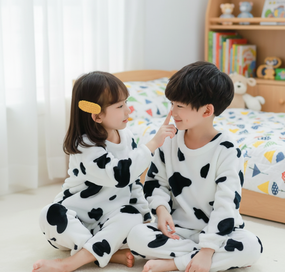 Kids Ultra-Soft Fleece Cow Print Pajamas – Winter Set - Image 3