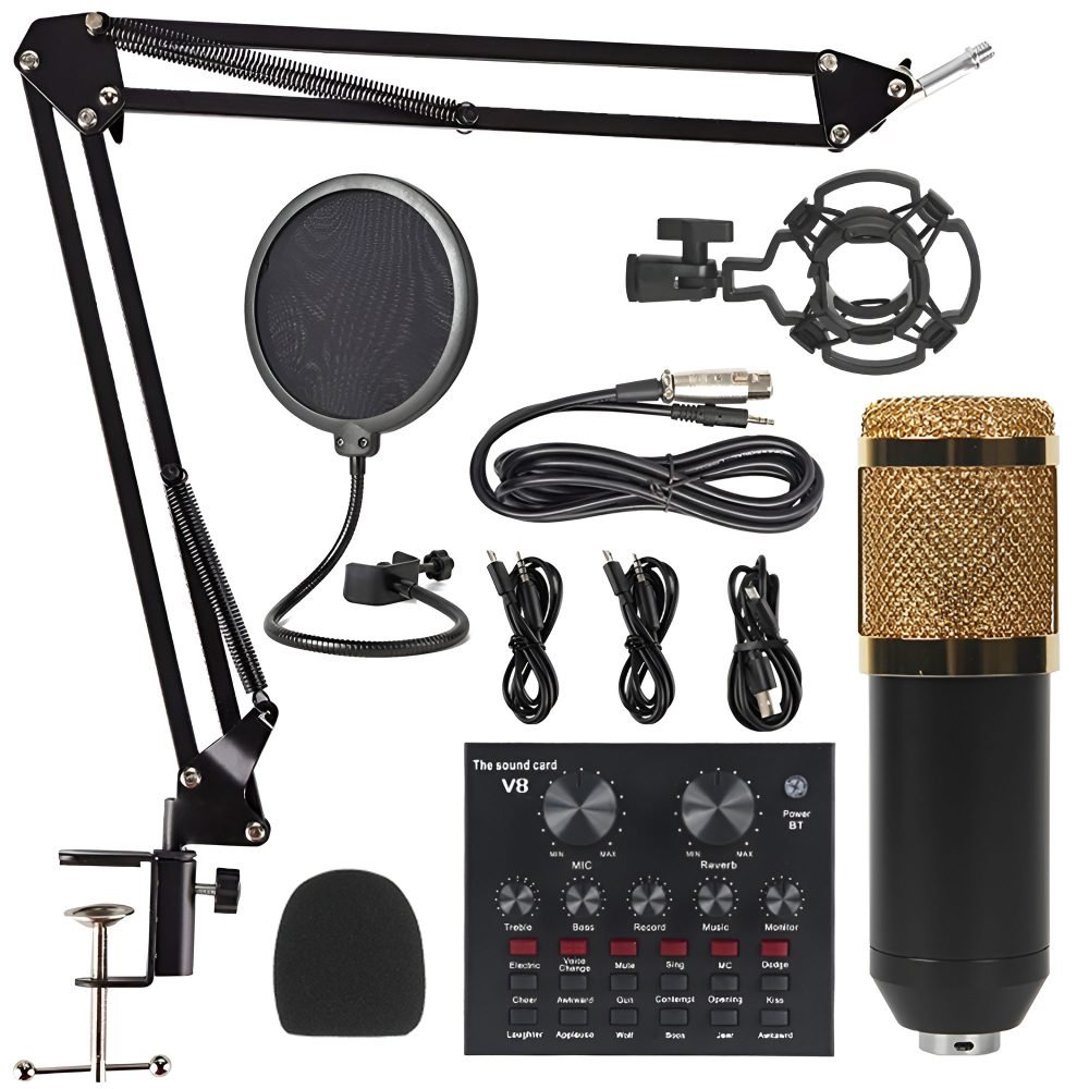 Premium V8 Pro Condenser Microphone Kit With Sound Card Professional Recording Microphone Set With Audio Sound Card For Streaming And Podcasting - Image 2