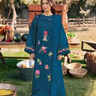 Zarmeen Emaan Luxury Embroidered Shirt Front Back Sleeves Laces Neckline Daman Patch Premium Viscose Trouser Pure Bamber Dupatta