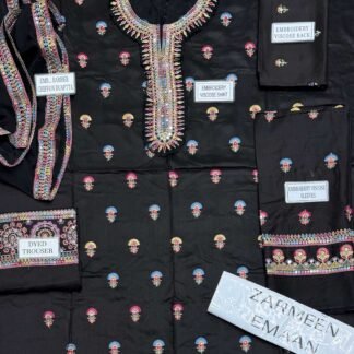 Zarmeen Emaan Artical-950 Fancy Embroidered Shirt Front Back Sleeves Laces Daman Patch Neckline With Premium Viscose Trouser And Pure Bamber Chiffon Dupatta
