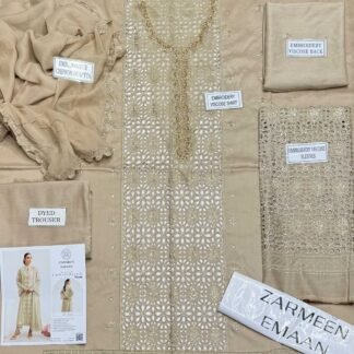 Zarmeen Emaan Article 934 Luxury Embroidered Shirt Front Back Sleeves Neckline Daman Patch Premium Viscose Trouser Pure Bamber Chiffon Dupatta