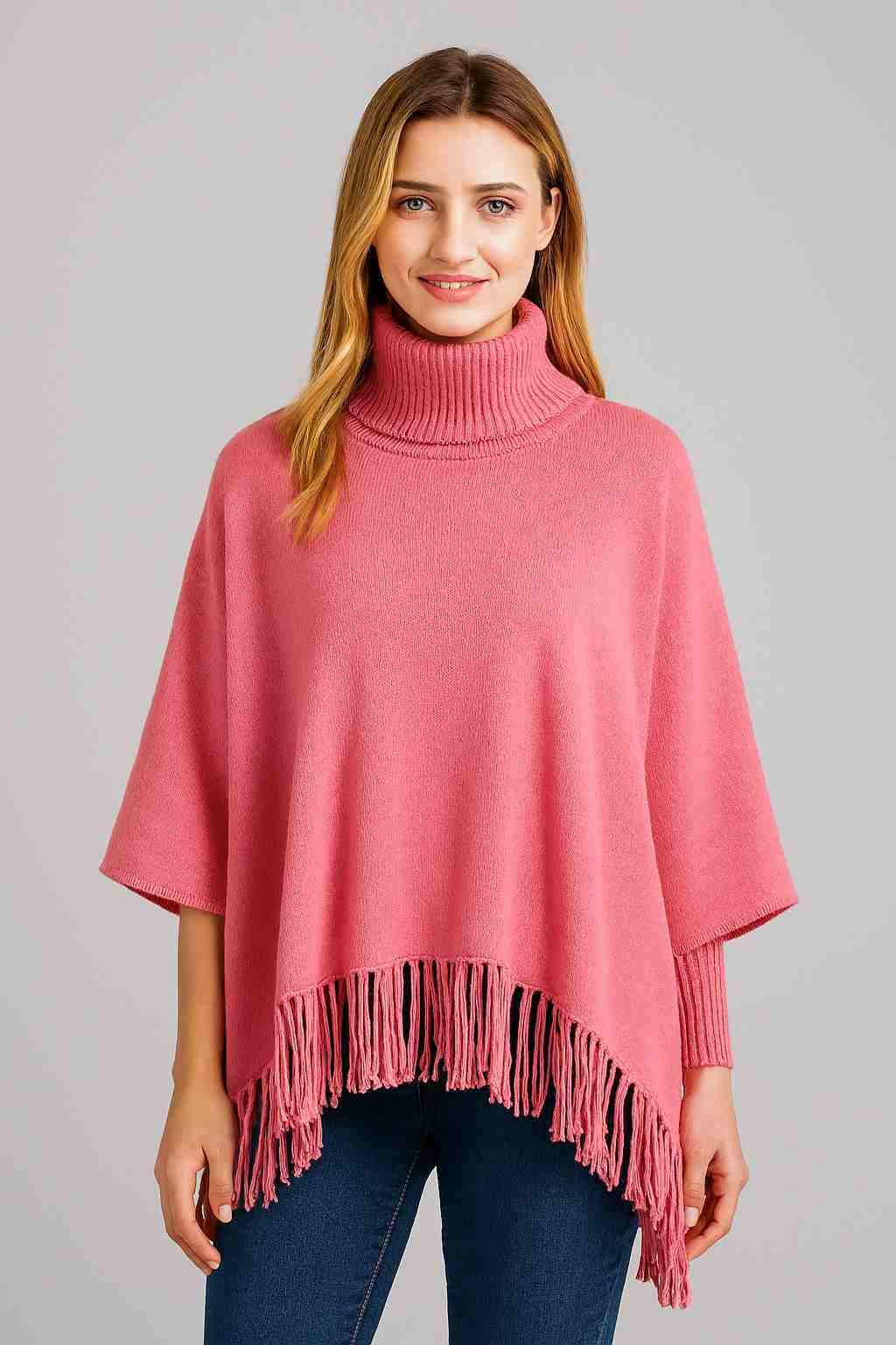 Winter Fleece Poncho with High Neck, Tassel Design & Adjustable Short Sleeves – For - Image 2