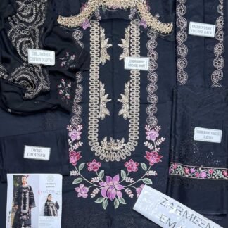 Zarmeen Emaan Artical-939 Fancy Embroidered Shirt Front Back Sleeves Daman Patch Neckline With Premium Viscose Trouser And Pure Bamber Chiffon Dupatta