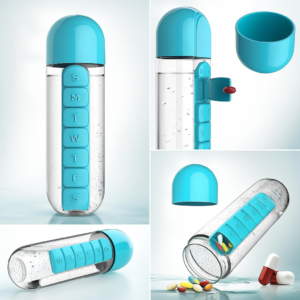 2-in-1 Medicine Organizer with Water Bottle – 7 Days Pill Box, 600ml BPA-Free Drinking Bottle,