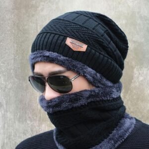 Winter Cap and neck Elastic Knitting Thick Fleece Warm Woolen Beanie Cap Sport Hat & Neck (Random Color)