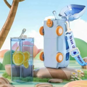 School Bus Design Kids Water Bottle With Strap– 600ml ABS Plastic Leak-Proof Bottle Small Square Drinking Cup – Fun & Durable Water Bottle for Children (Random Color)
