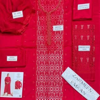 Zarmeen Emaan Fancy Embroidered Shirt Front Back Sleeves Daman Patch Handmade Neckline With Premium Viscose Trouser And Pure Bamber Chiffon Dupatta
