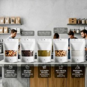 White Kraft Paper Stand-Up Zip Lock pouches with Transparent Window for Food & Cosmetic Storage. 1 packet contains 50pcs