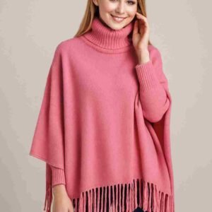 Winter Fleece Poncho with High Neck, Tassel Design & Adjustable Short Sleeves – For