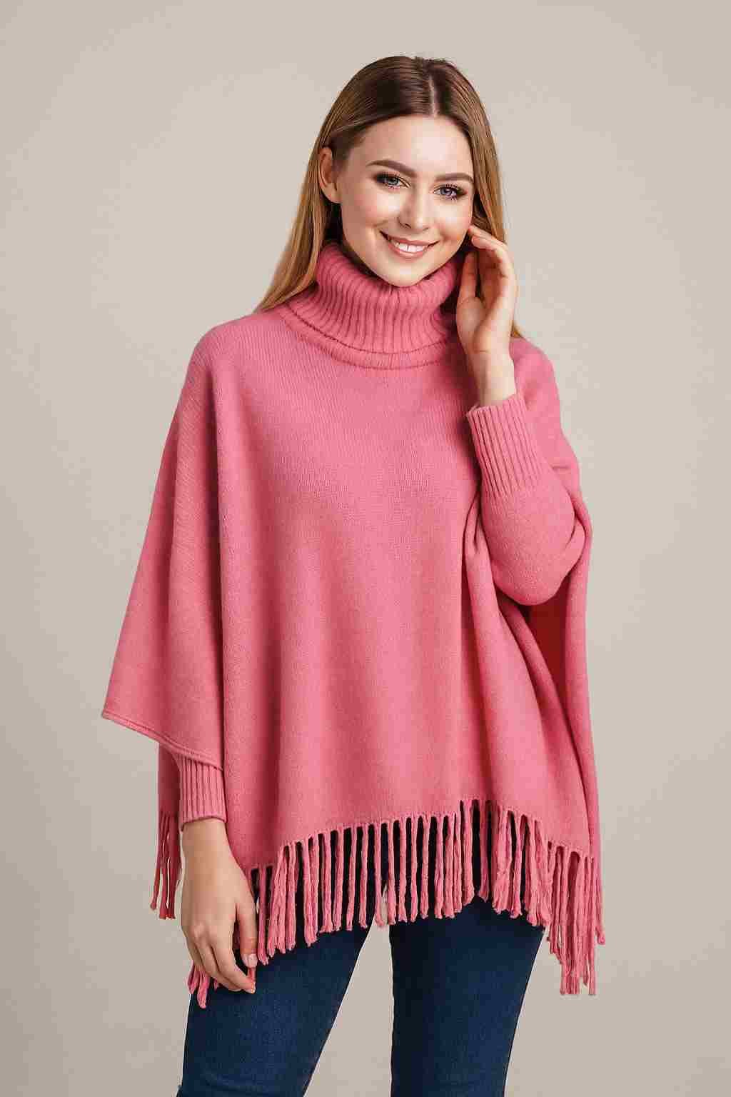 Winter Fleece Poncho with High Neck, Tassel Design & Adjustable Short Sleeves – For