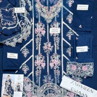 Zarmeen Emaan Luxury Embroidered Shirt Front Back Sleeves Laces Neckline Daman Patch Premium Viscose Trouser Pure Bamber Dupatta