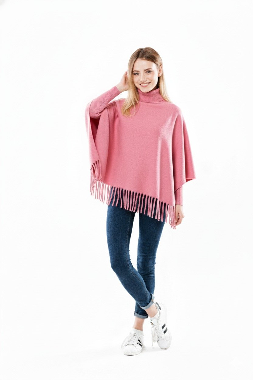 Winter Fleece Poncho with High Neck, Tassel Design & Adjustable Short Sleeves – For - Image 5