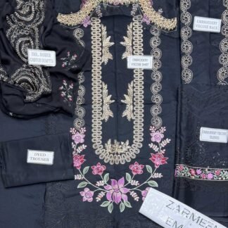 Zarmeen Emaan Artical-939 Fancy Embroidered Shirt Front Back Sleeves Daman Patch Neckline With Premium Viscose Trouser And Pure Bamber Chiffon Dupatta