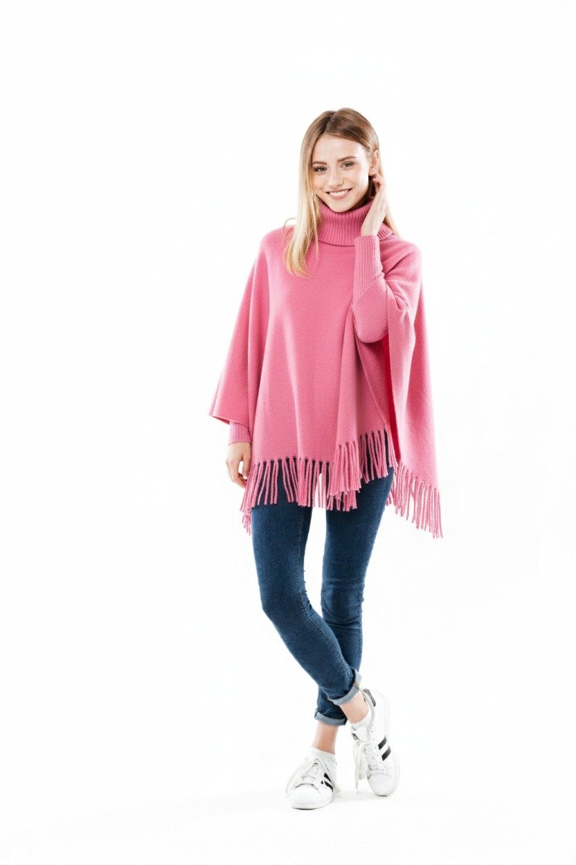 Winter Fleece Poncho with High Neck, Tassel Design & Adjustable Short Sleeves – For - Image 3