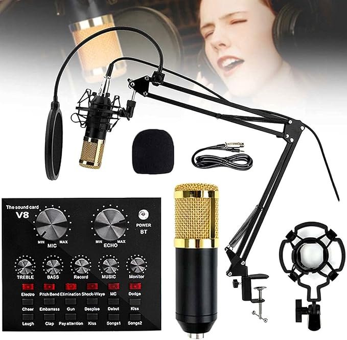 Premium V8 Pro Condenser Microphone Kit With Sound Card Professional Recording Microphone Set With Audio Sound Card For Streaming And Podcasting - Image 4