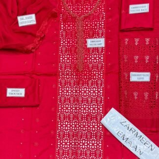 Zarmeen Emaan Fancy Embroidered Shirt Front Back Sleeves Daman Patch Handmade Neckline With Premium Viscose Trouser And Pure Bamber Chiffon Dupatta